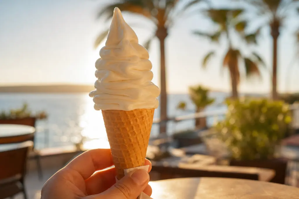 Glace italienne à la vanille en torsade sur cornet pointu, tenue en main sur une terrasse au bord de la mer