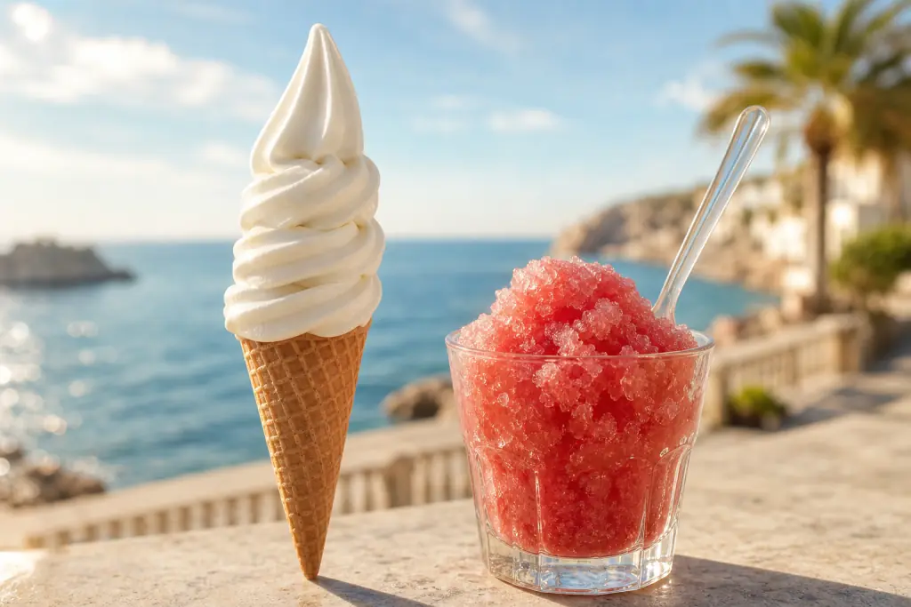 Composite d'accueil : glace italienne en torsade sur cornet pointu et granité cristallin en verre