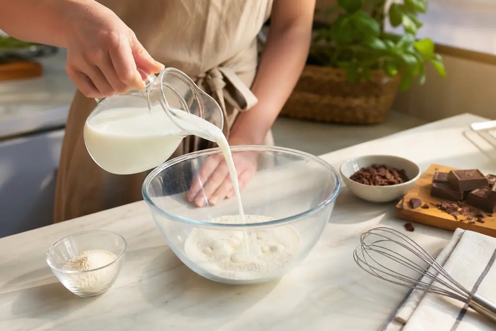 Petite dose de préparation en poudre mesurée près d'un bol propre avec du lait versé progressivement