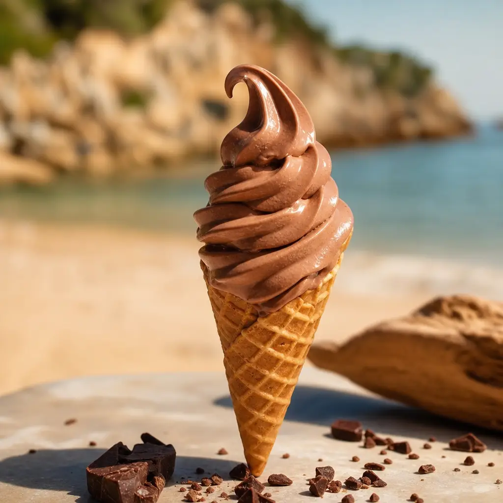 Torsade de glace italienne chocolat sur cornet pointu avec éclats de chocolat noir