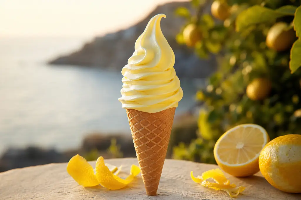 Torsade de glace italienne citron sur cornet pointu avec zestes de citron
