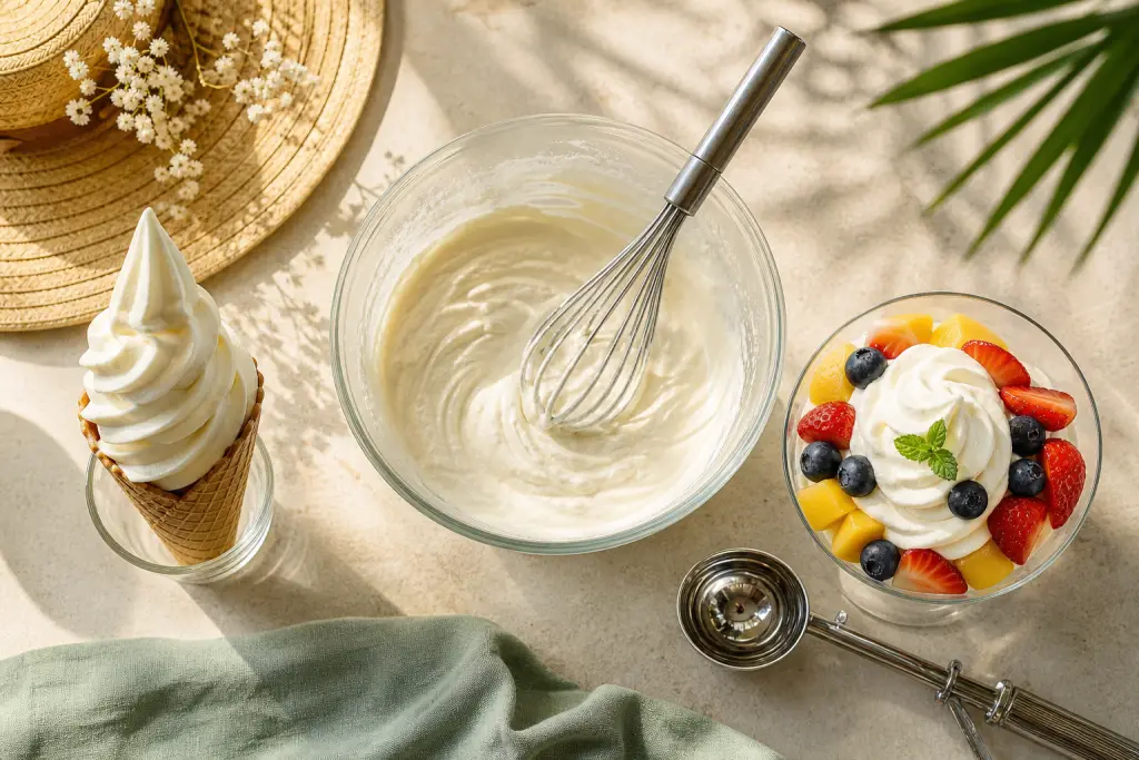 Plan de dessus lumineux : cornet de glace italienne, bol de préparation au fouet et coupe de dessert glacé aux fruits