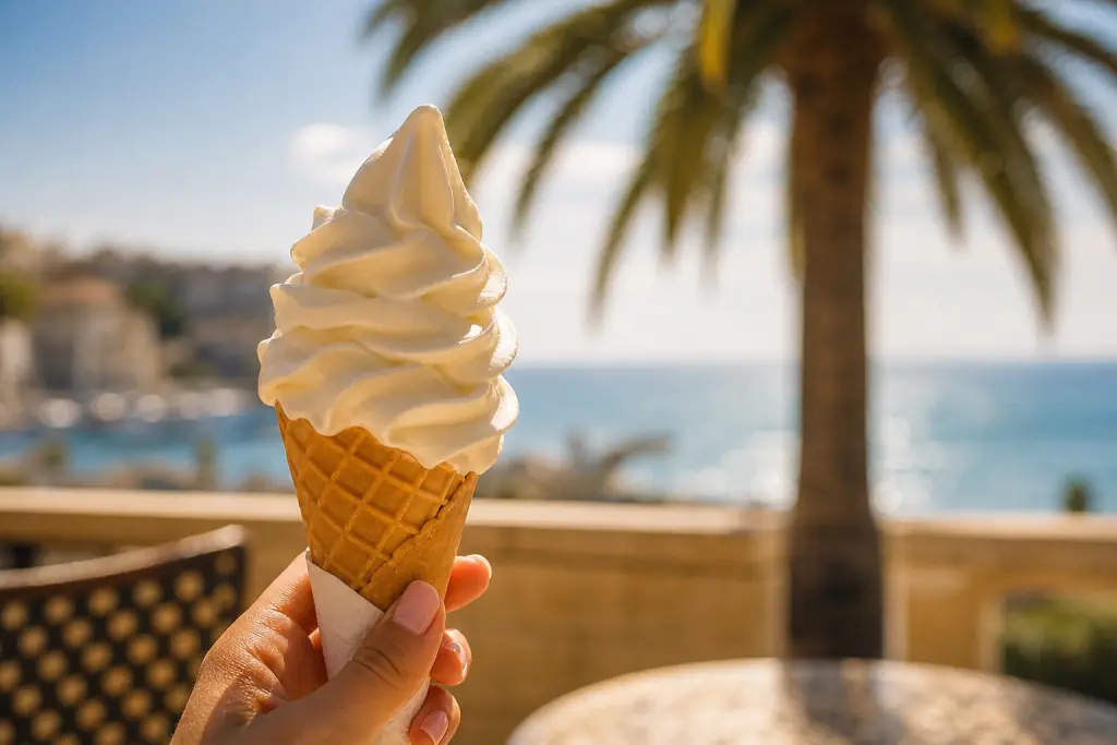 Cornet de glace italienne vanille en torsade tenu à la main sur une terrasse ensoleillée