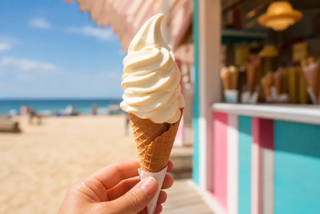 Cornets de glace italienne colorés devant une cabane de plage, ambiance estivale