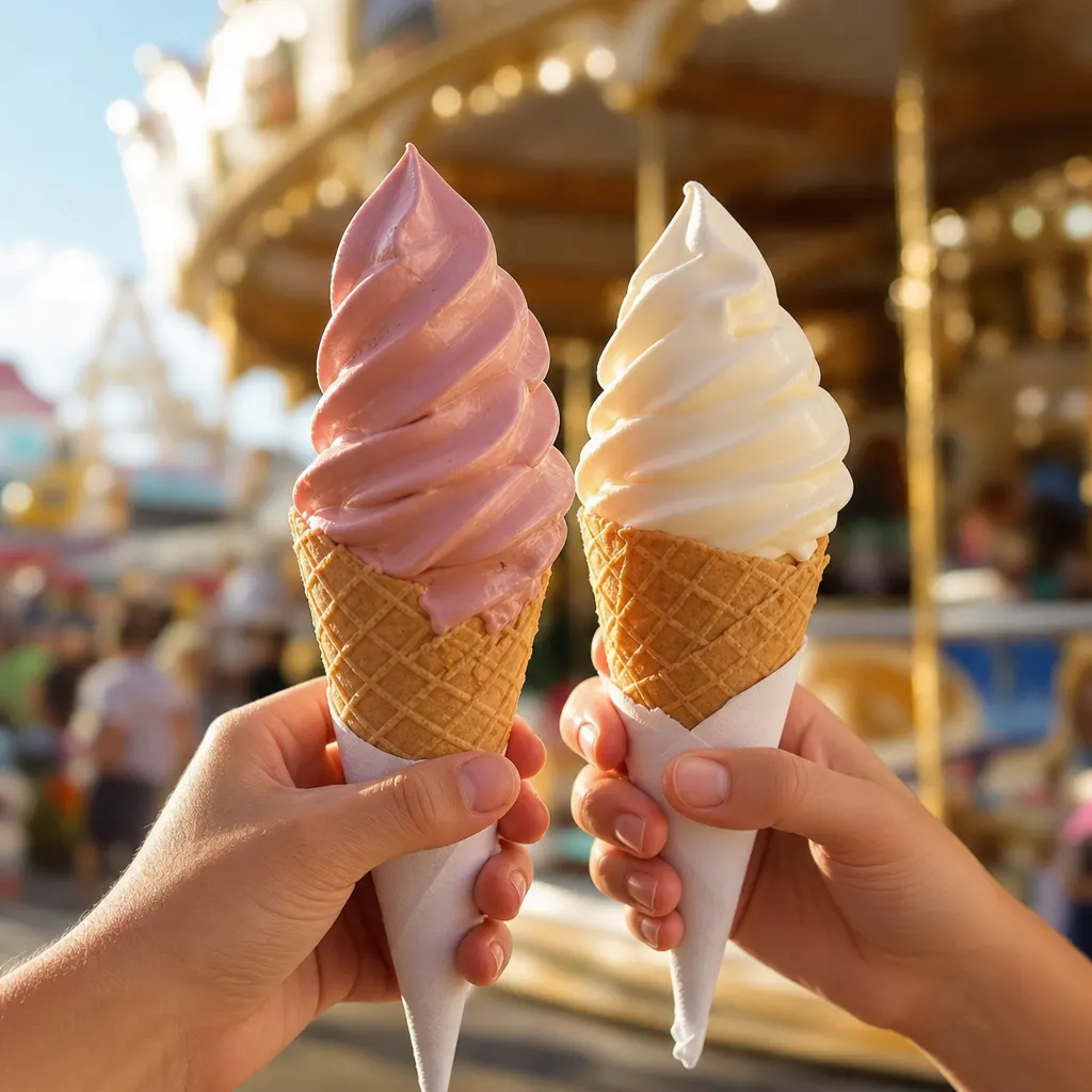 Deux cornets de glace italienne en torsade — une fraise et une vanille — tenus devant un manège de fête foraine ensoleillé
