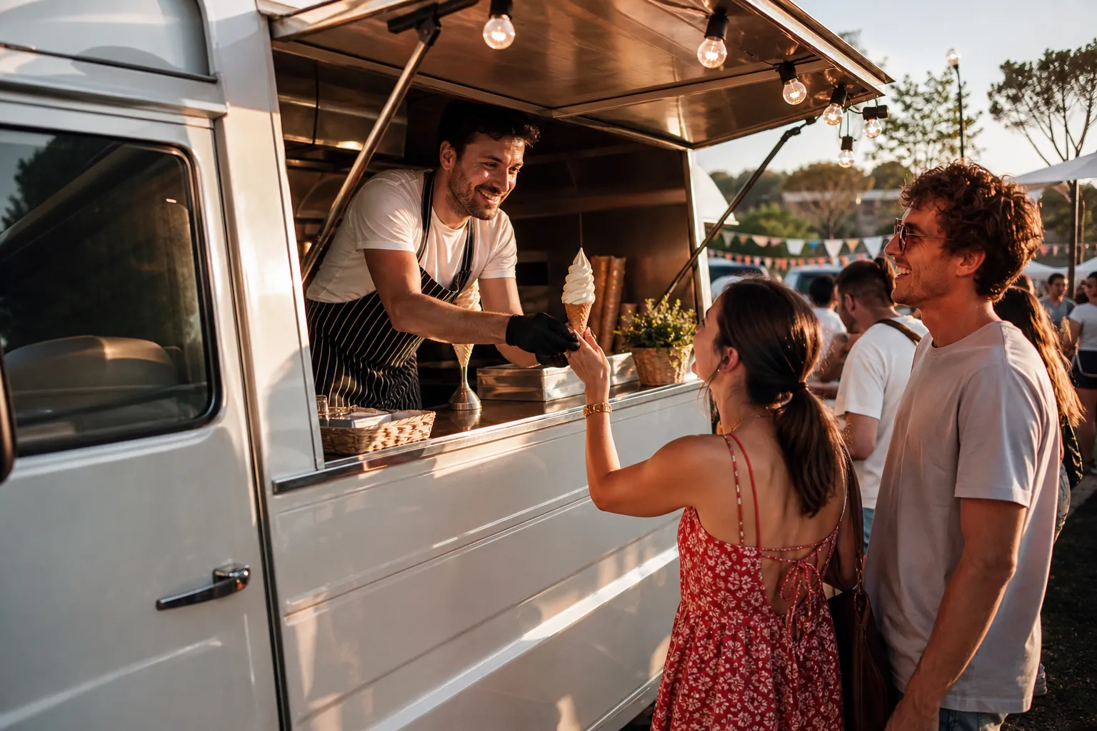 Vendeur d'un food truck tendant un cornet de glace italienne vanille en torsade à une cliente, ambiance de festival d'été au soleil couchant