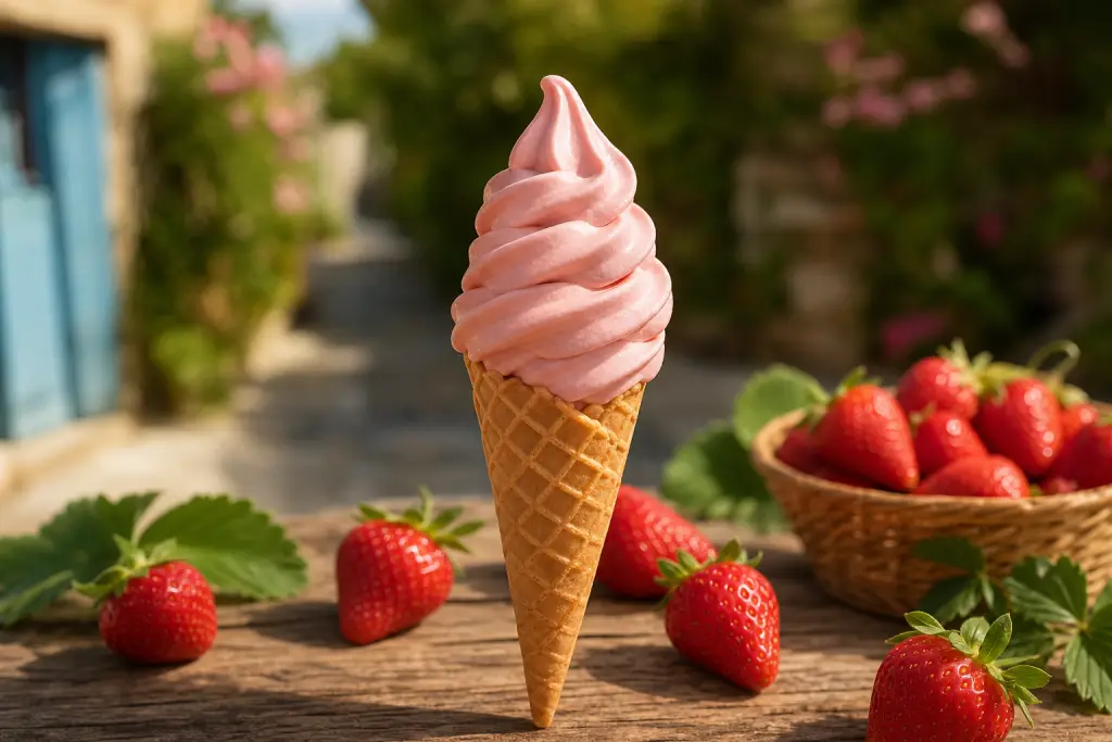 Torsade de glace italienne fraise sur cornet pointu avec fraises fraîches autour