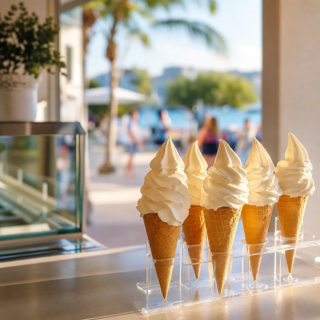 Rangée de cinq cornets de glace italienne vanille en torsade présentés sur un comptoir lumineux, terrasse estivale en arrière-plan