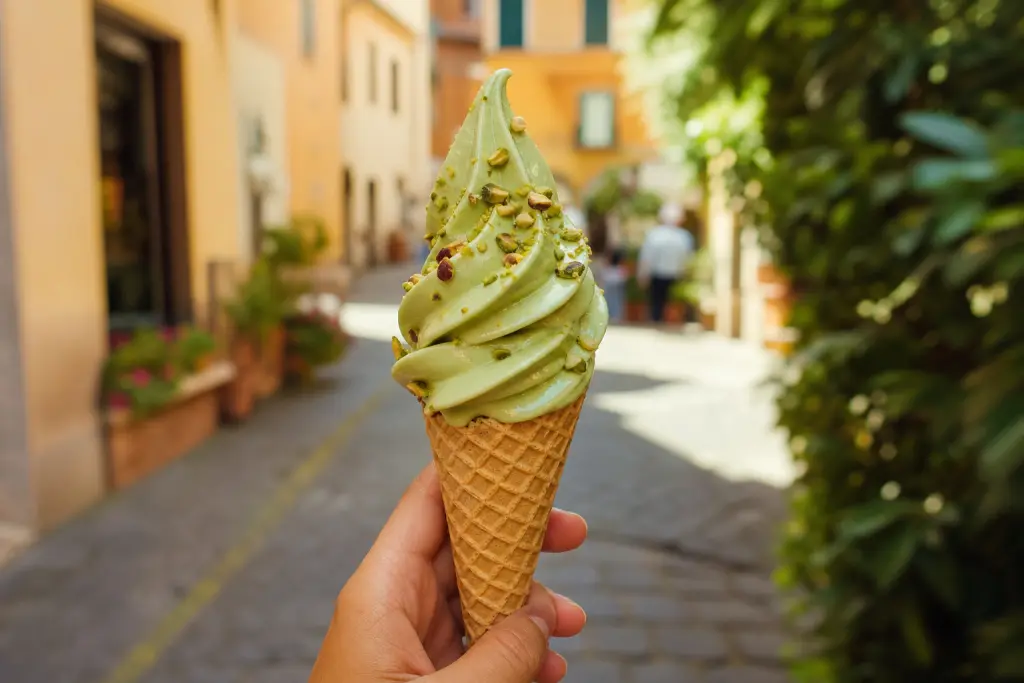 Torsade de glace italienne pistache sur cornet pointu avec éclats de pistache