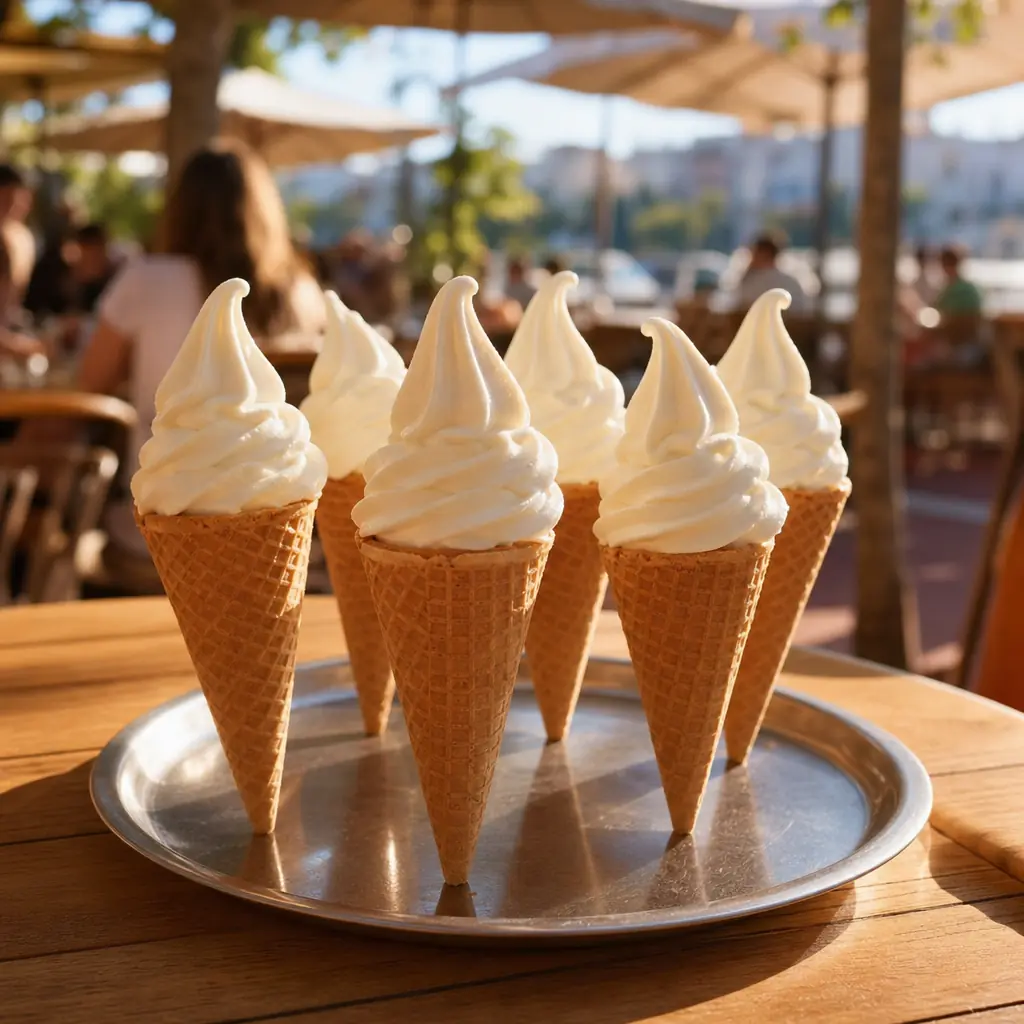 Plateau de plusieurs cornets de glace italienne en torsade servis sur une terrasse de café