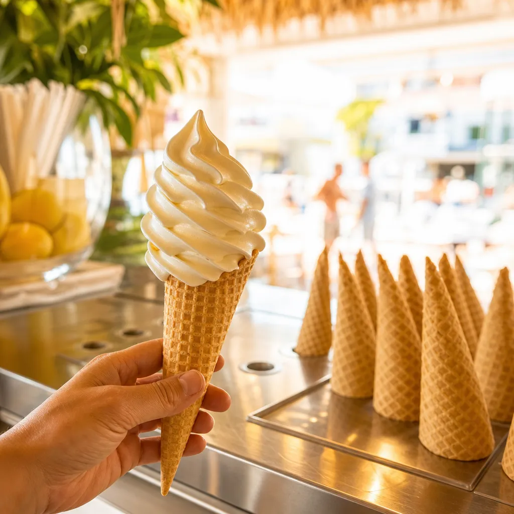 Cornet de glace italienne en torsade tenu devant un comptoir inox avec une rangée de cornets gaufrés pointus prêts à servir