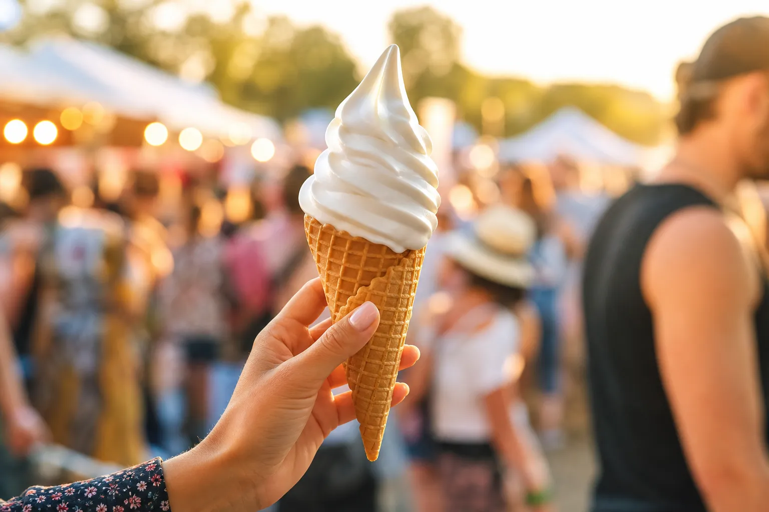 Cornet de glace italienne vanille en torsade tenu devant une foule de festival d'été en plein air au soleil couchant