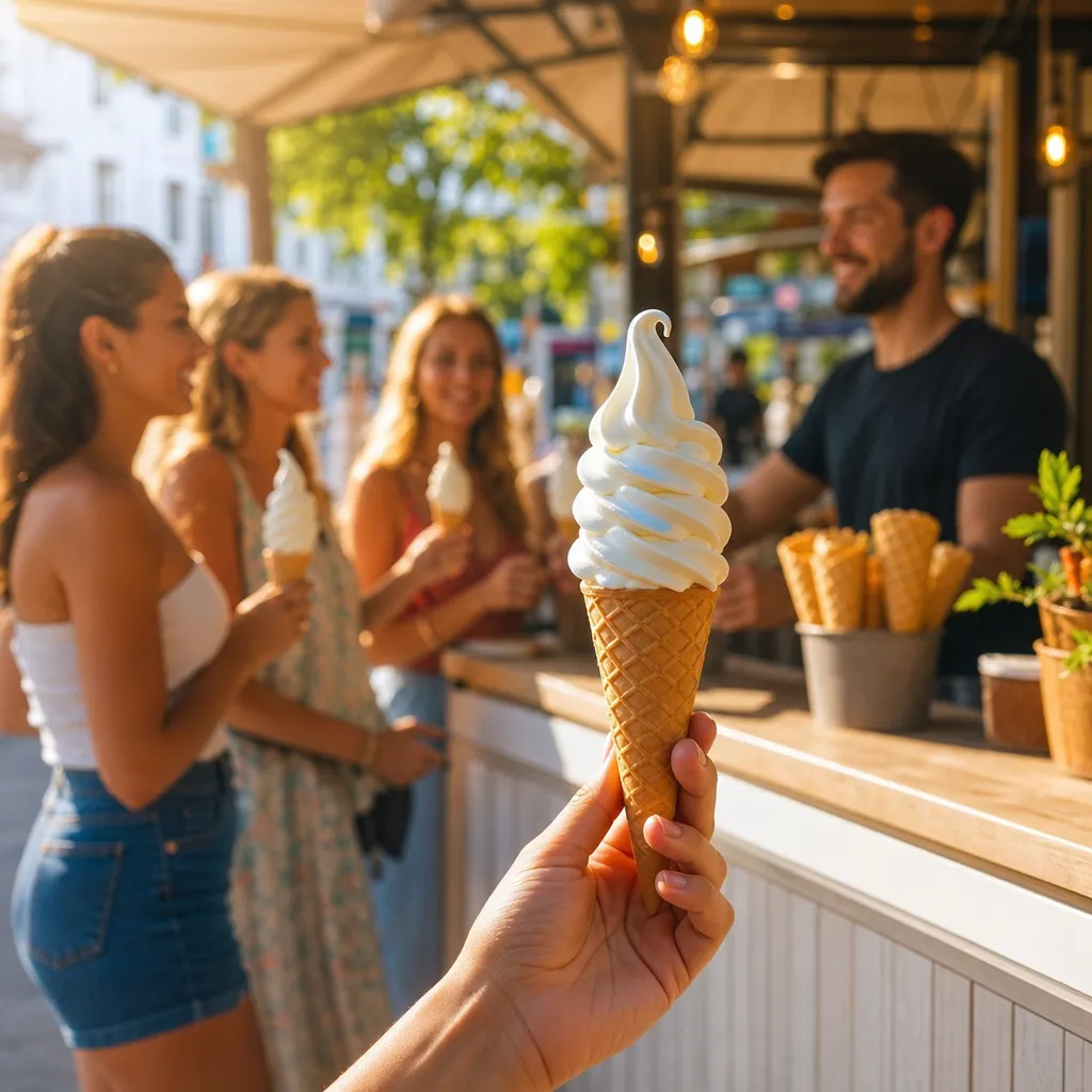 Cornet de glace italienne vanille en torsade au premier plan, file de clients devant un comptoir de snack urbain ensoleillé