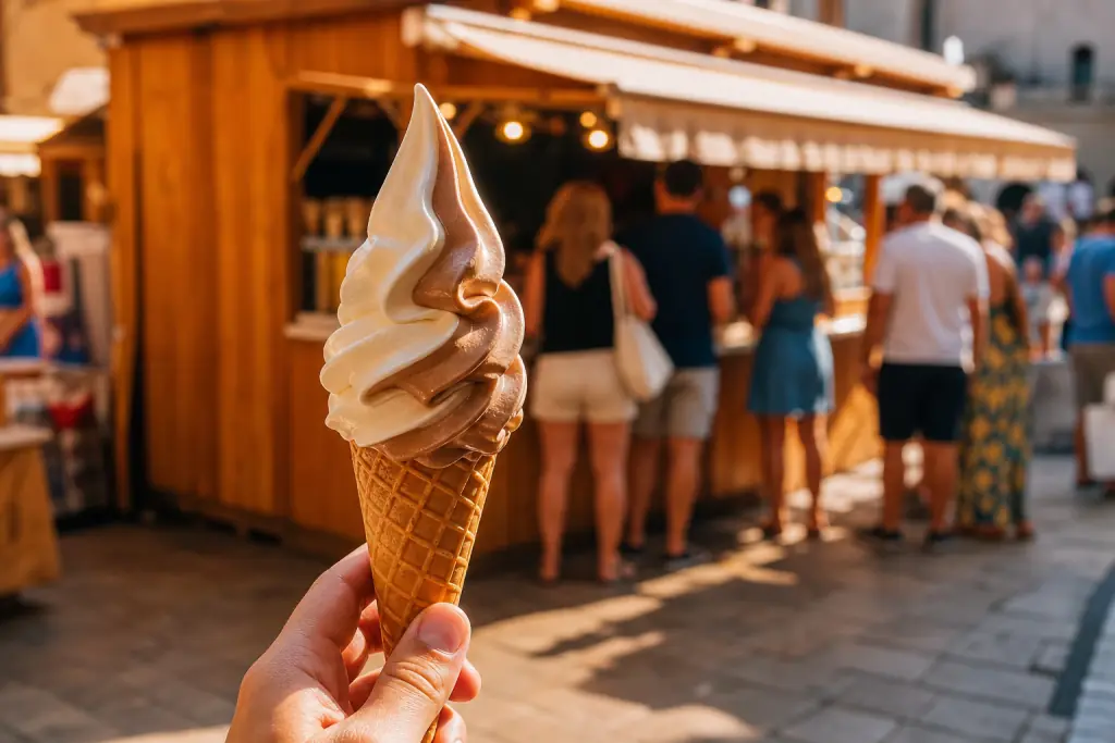 Cornet de glace italienne vanille-chocolat en torsade tenu devant un stand de marché estival