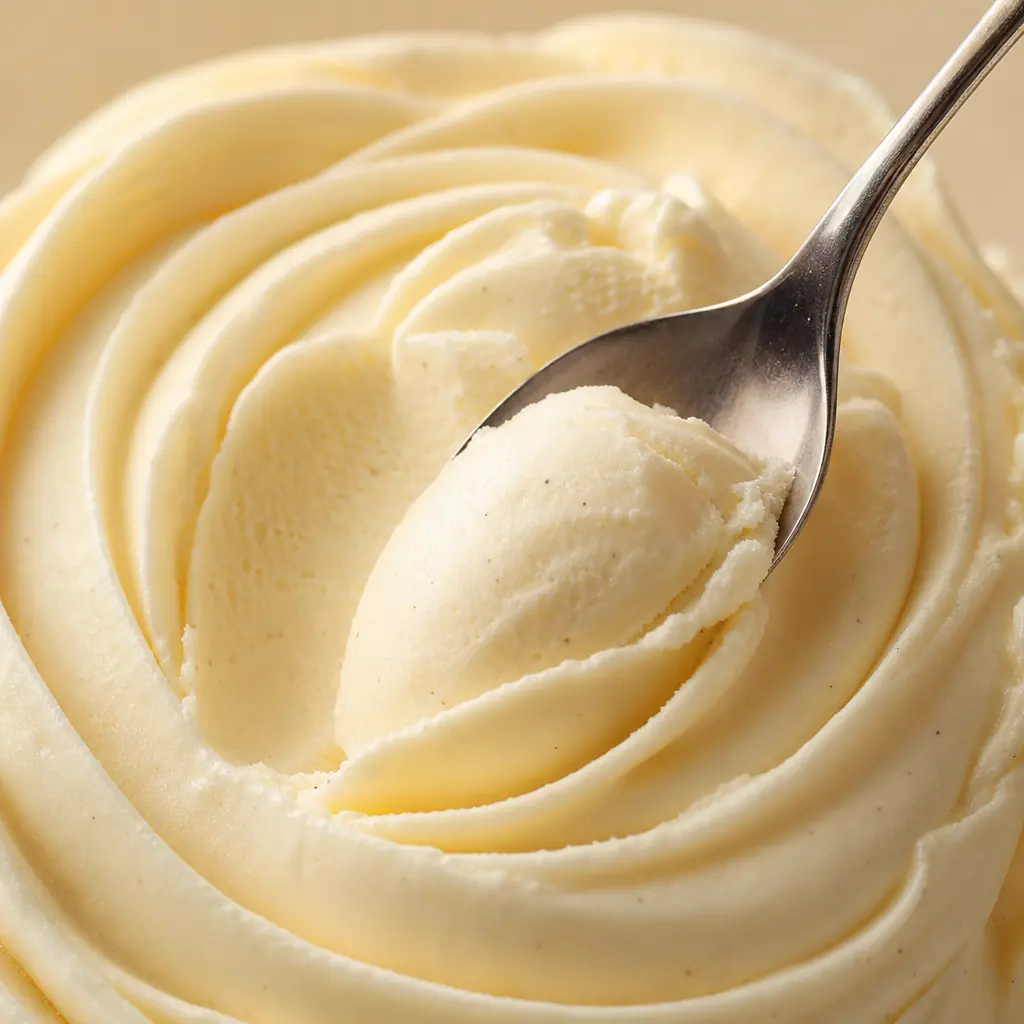 Cuillère prélevant une glace italienne à la surface satinée, gros plan sur la texture souple