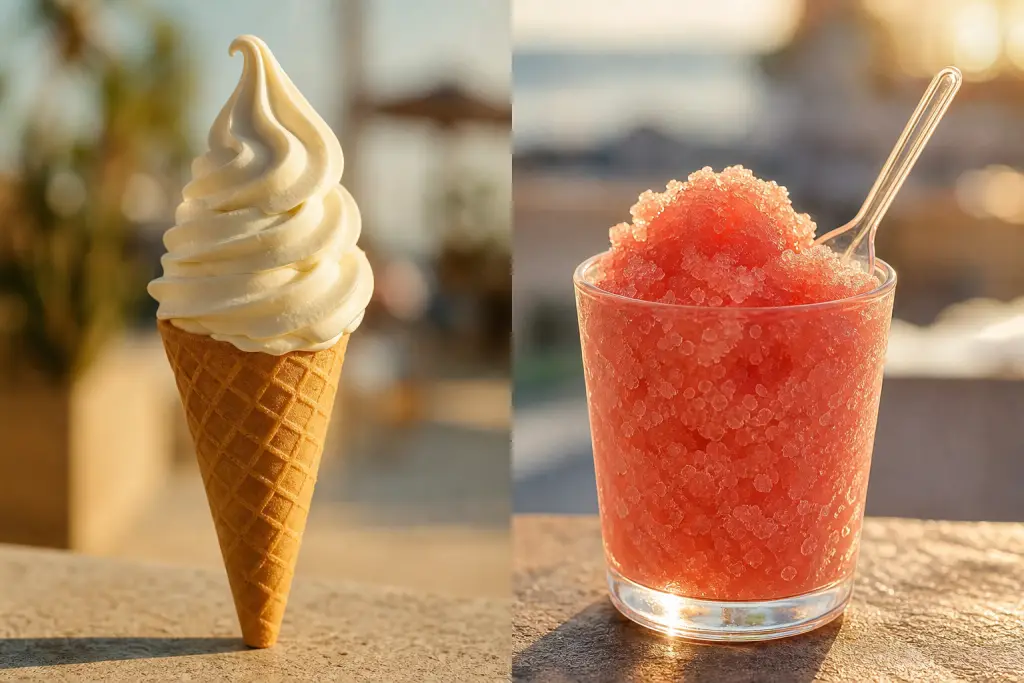 Comparaison côte à côte : glace italienne en torsade sur cornet à gauche, granité cristallin en verre à droite