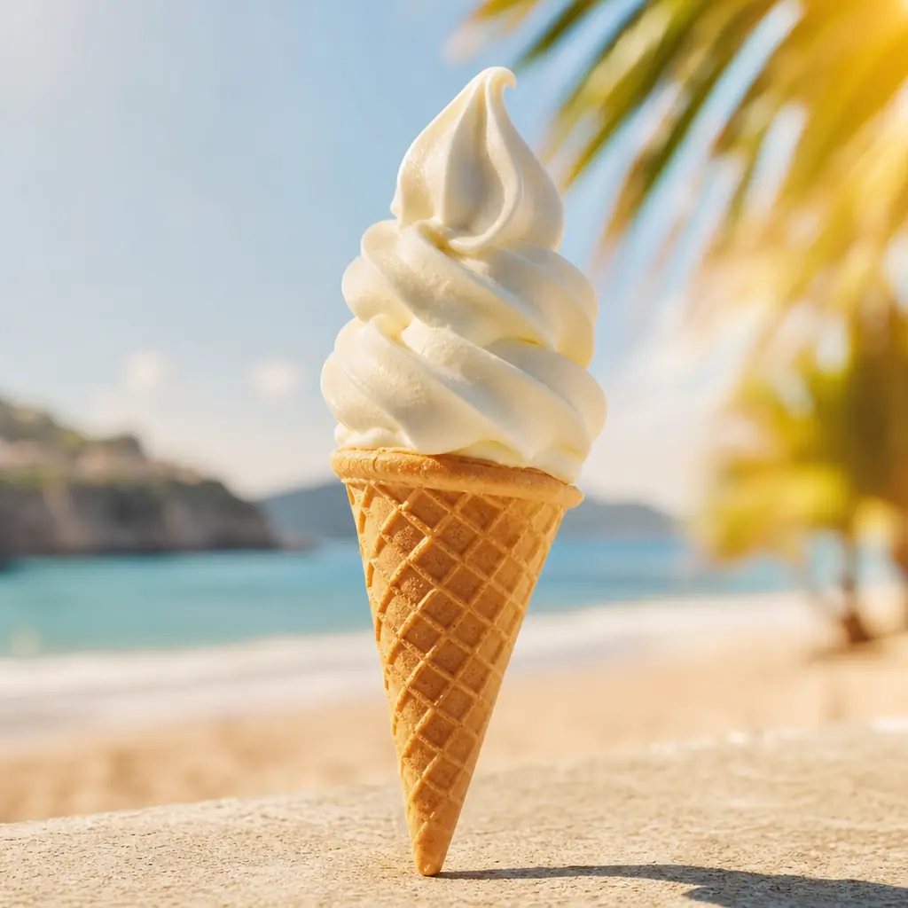 Cornet de glace italienne vanille en torsade sur une plage ensoleillée