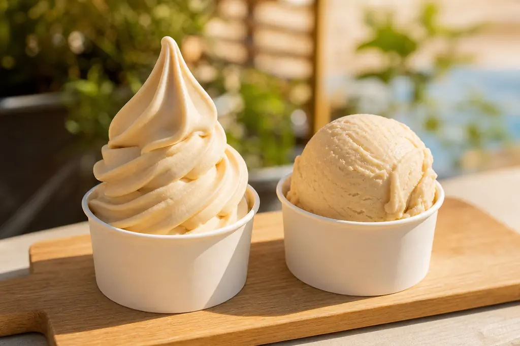 Comparaison côte à côte : glace italienne en torsade souple à gauche, boule de crème glacée dense à droite
