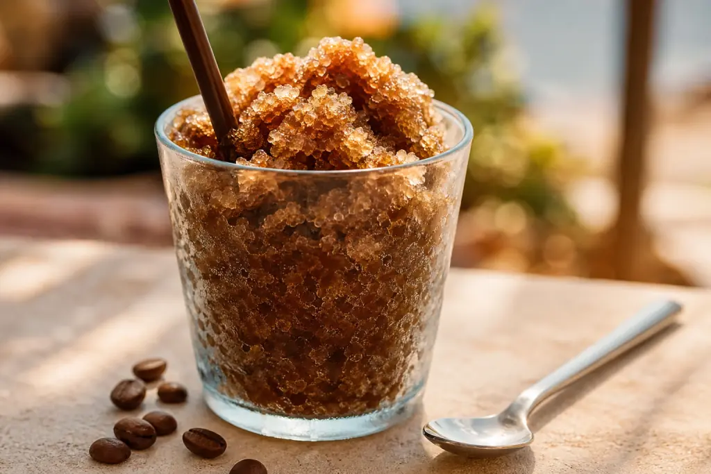 Granité au café aux cristaux de glace dans un verre avec une paille