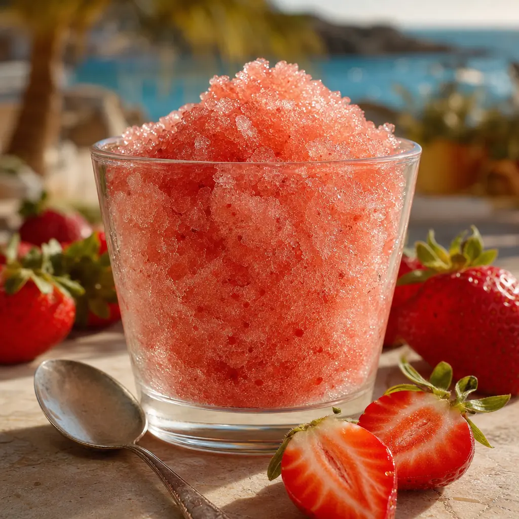 Granité à la fraise aux cristaux de glace dans un verre, entouré de fraises fraîches
