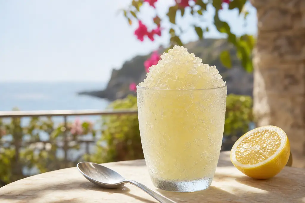Granité citron maison aux cristaux de glace bien visibles, servi dans un verre sur une terrasse en bord de mer