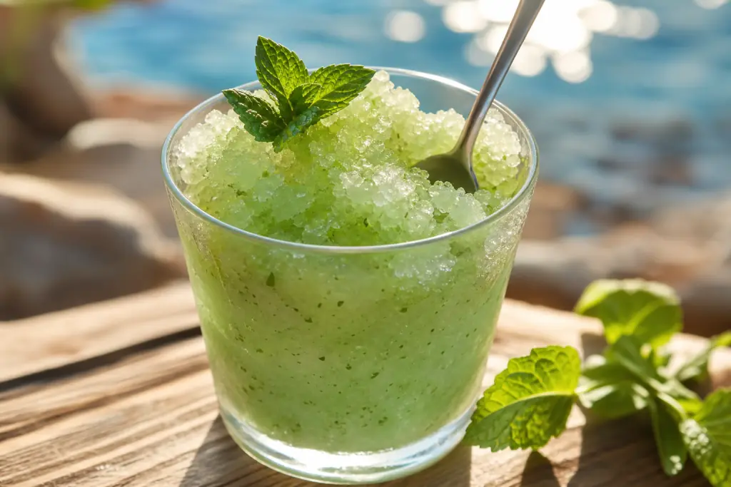 Granité à la menthe aux cristaux de glace dans un verre, avec une cuillère