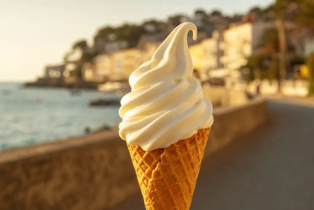 Cornet de glace italienne en torsade sur fond de bord de mer méditerranéen au soleil couchant, évocation de l'héritage de la glace italienne