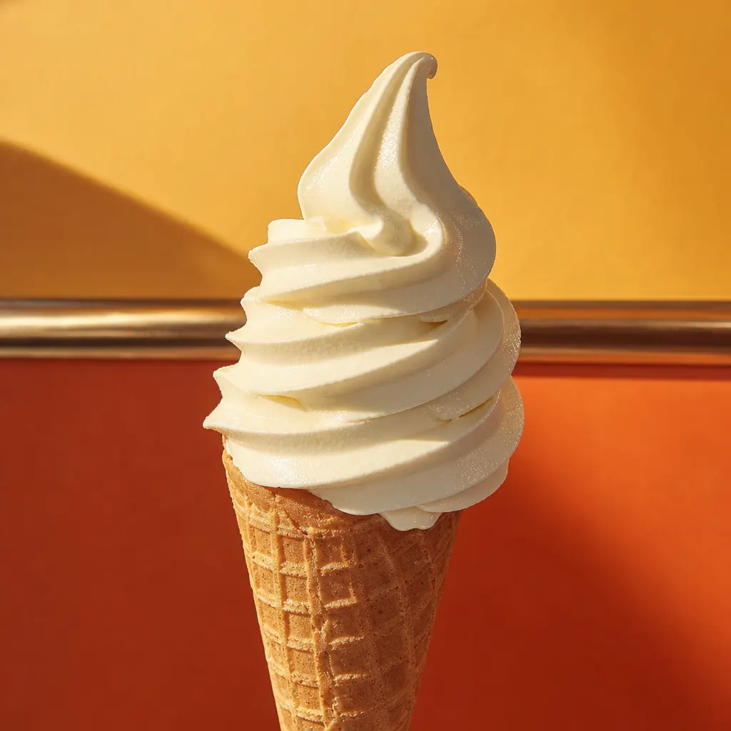 Torsade de glace italienne à la vanille en gros plan sur fond orange rétro, esprit comptoir des années 1950