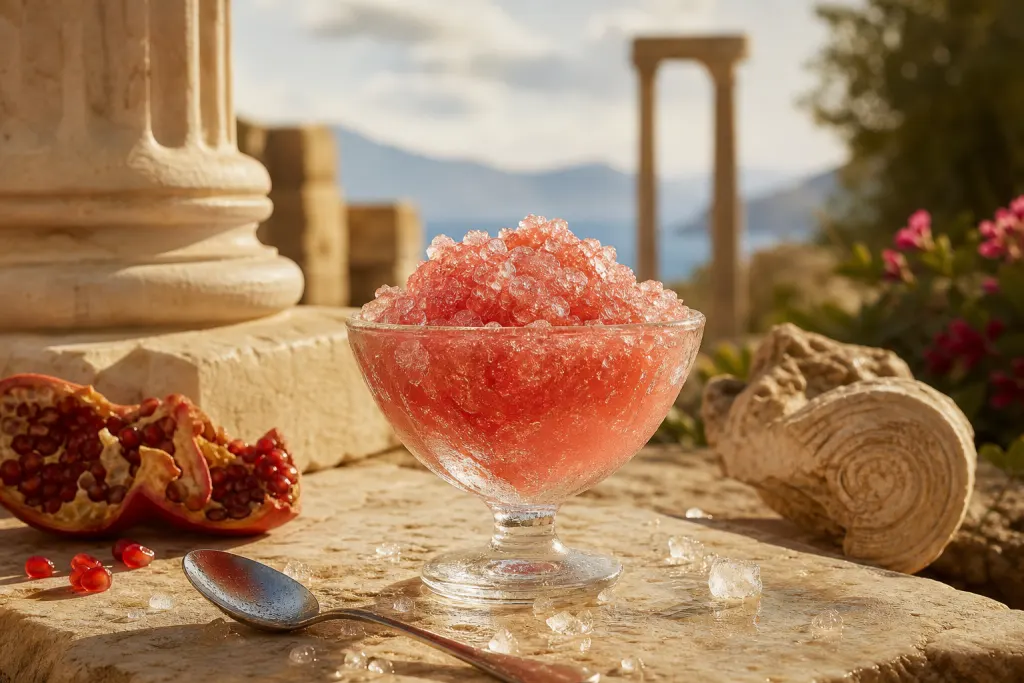 Sorbet cristallin à la grenade dans un verre parmi des colonnes antiques, évocation des origines antiques du dessert glacé sucré