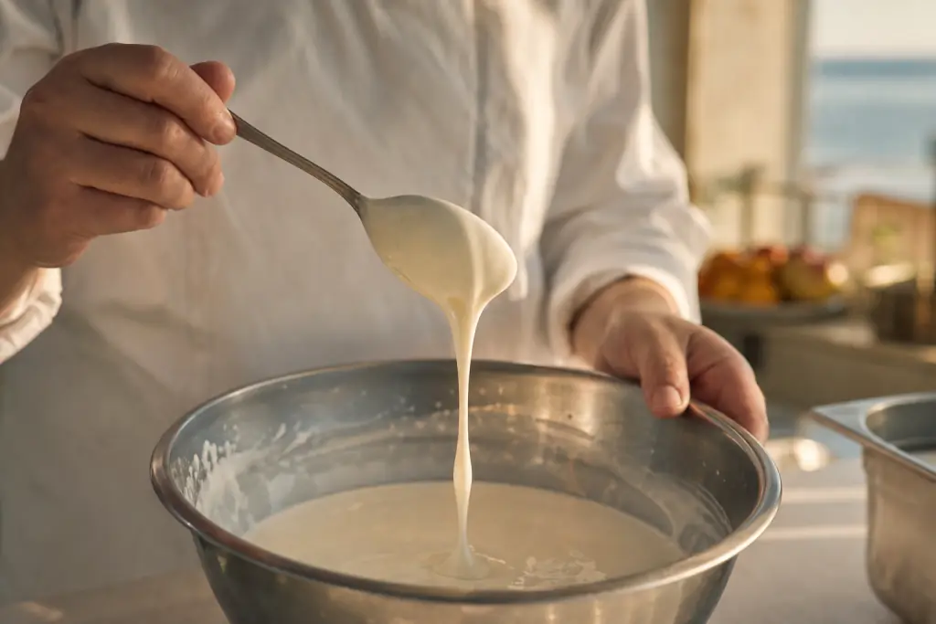 Contrôle de la consistance d'une préparation pour glace italienne à la cuillère au-dessus d'un bol