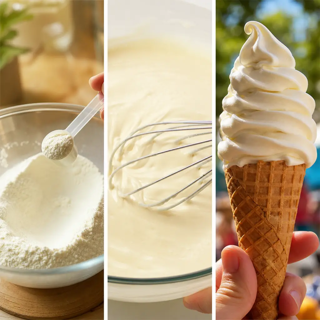 Étapes de préparation d'une glace italienne : dose de poudre mesurée, mélange au fouet, torsade finale sur cornet