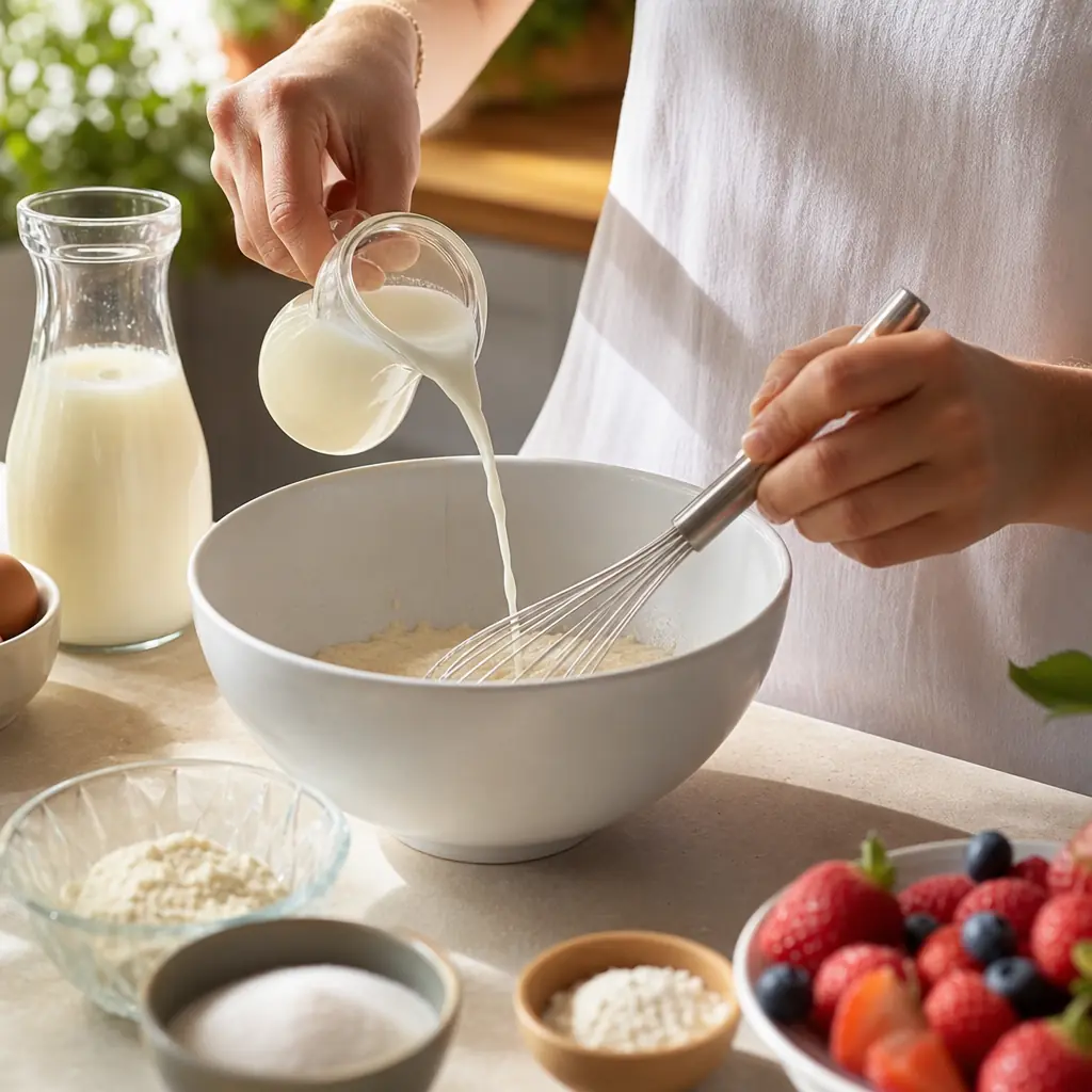 Ingrédients dosés et lait versé dans un bol propre pour préparer une glace italienne maison