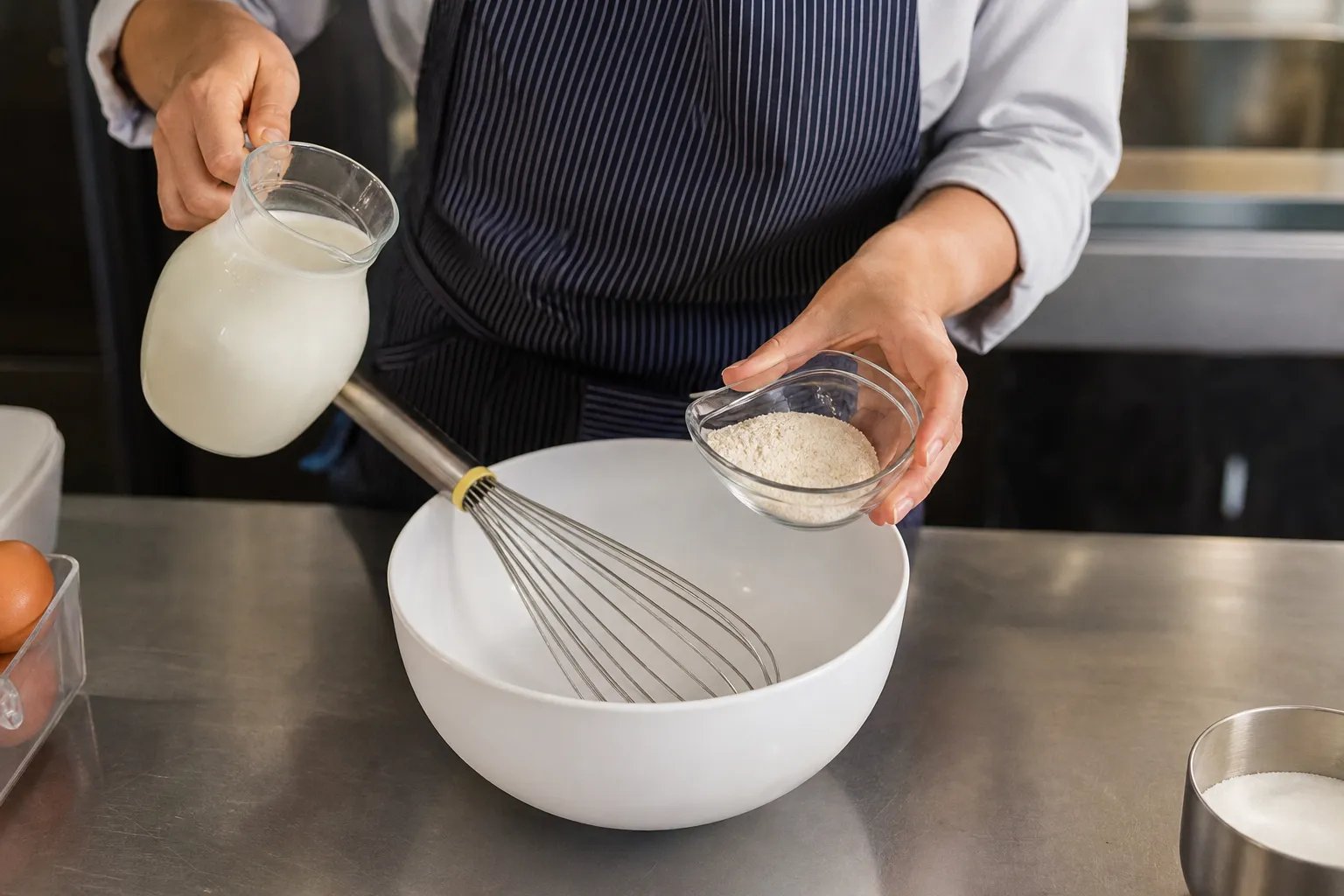 Préparation d'un mix à glace italienne sur un plan de travail inox professionnel : lait versé et dose de poudre au-dessus d'un grand bol, fouet