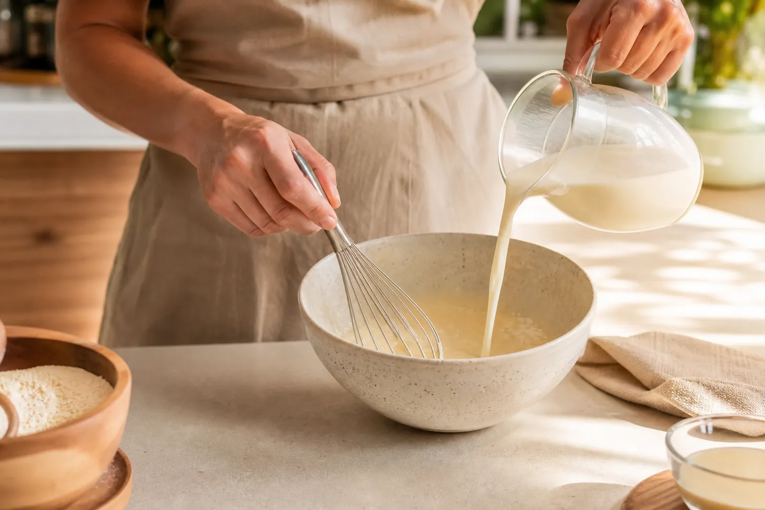 Reconstitution d'un mix en poudre : lait versé dans un bol pendant que l'on fouette, cuisine claire