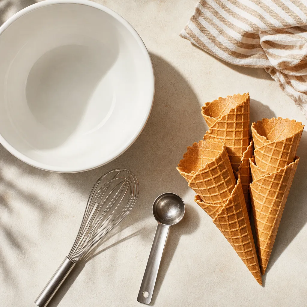 Ustensiles de préparation d'une glace italienne vus de dessus : bol propre, fouet, cuillère doseuse et cornets gaufrés