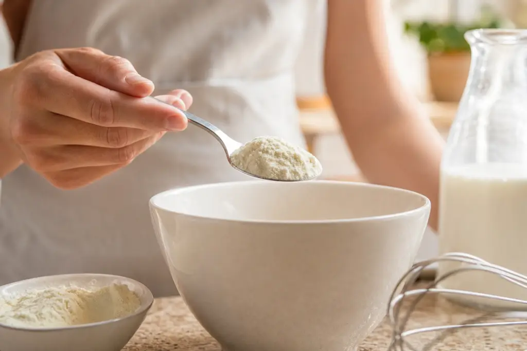 Dose de préparation en poudre mesurée à la cuillère au-dessus d'un bol propre