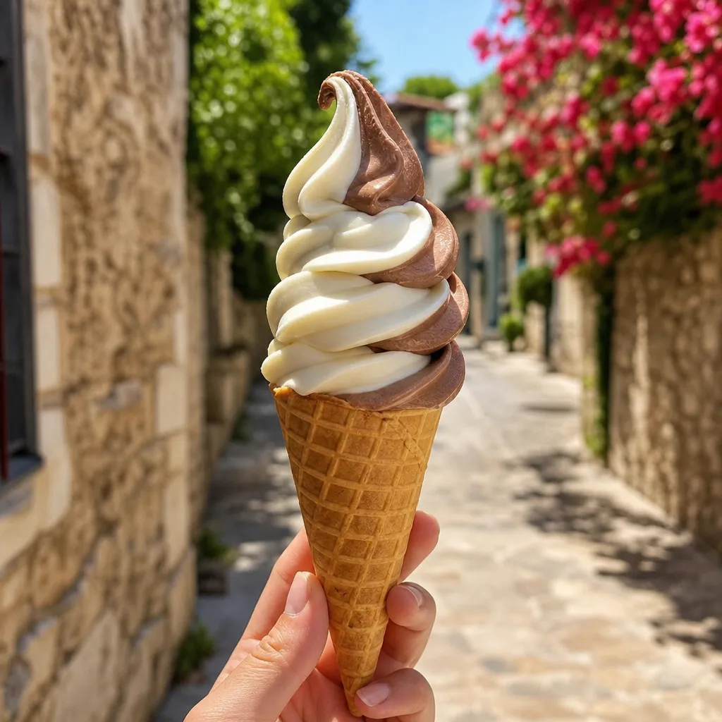 Cornet de glace italienne bicolore vanille et chocolat en torsade, tenu dans une ruelle méditerranéenne ensoleillée