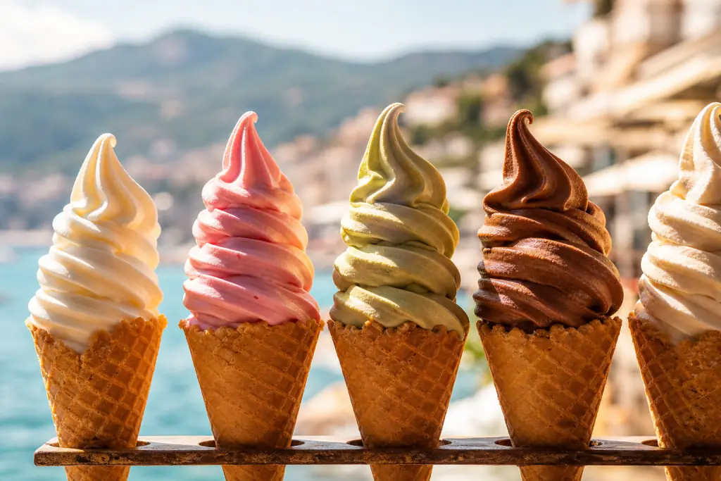 Collection de glaces italiennes multi-parfums en torsade sur cornets pointus